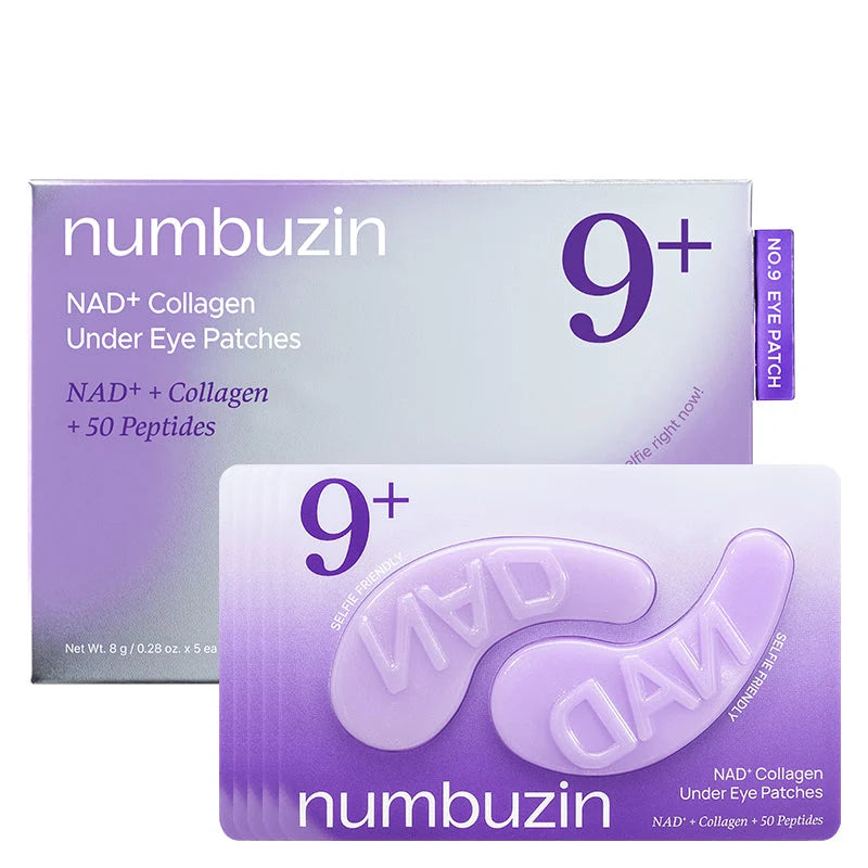 Embalagem numbuzin No.9 NAD+ Collagen Under Eye Patches com o cartão de patches, em fundo neutro.