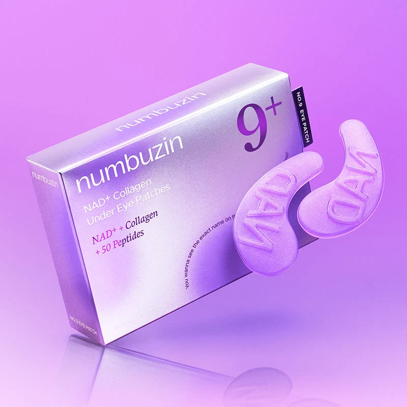 Embalagem e cartão de patches numbuzin No.9 em fundo gradiente roxo, fotografados em ângulo.