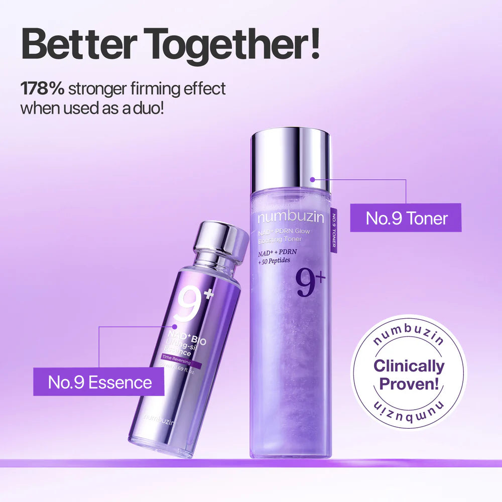 numbuzin No.9 NAD+ PDRN Glow Boosting Toner junto à No.9 NAD+ BIO Lifting-sil Essence, em kit