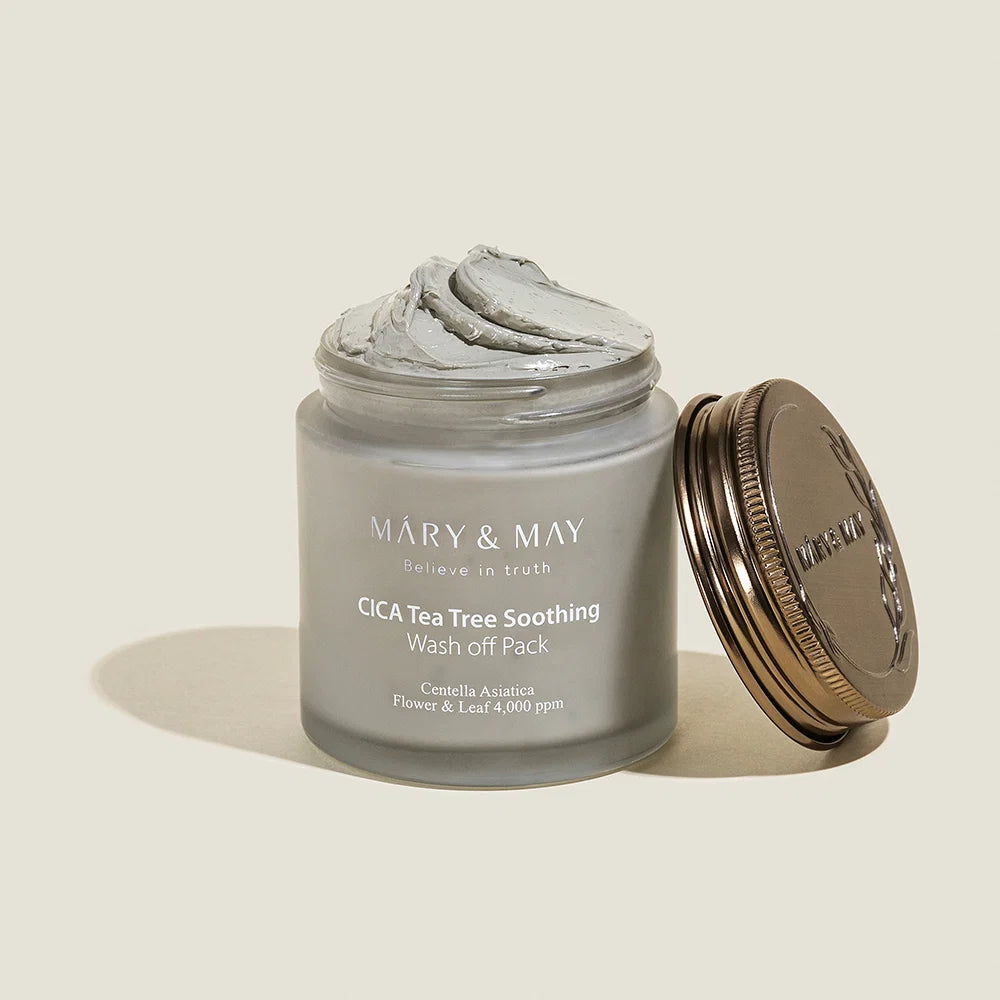 Frasco Mary&May CICA Tea Tree Soothing aberto, com tampa ao lado