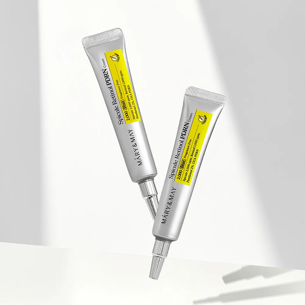 Dois tubos do Mary&May Spicule Retinol PDRN Cream em composição suspensa