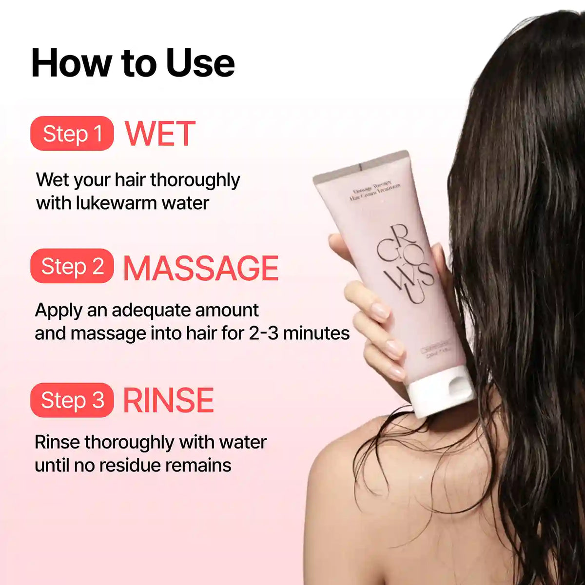 Growus Damage Therapy Treatment EX, creme capilar reparador, modo de aplicação em 3 passos