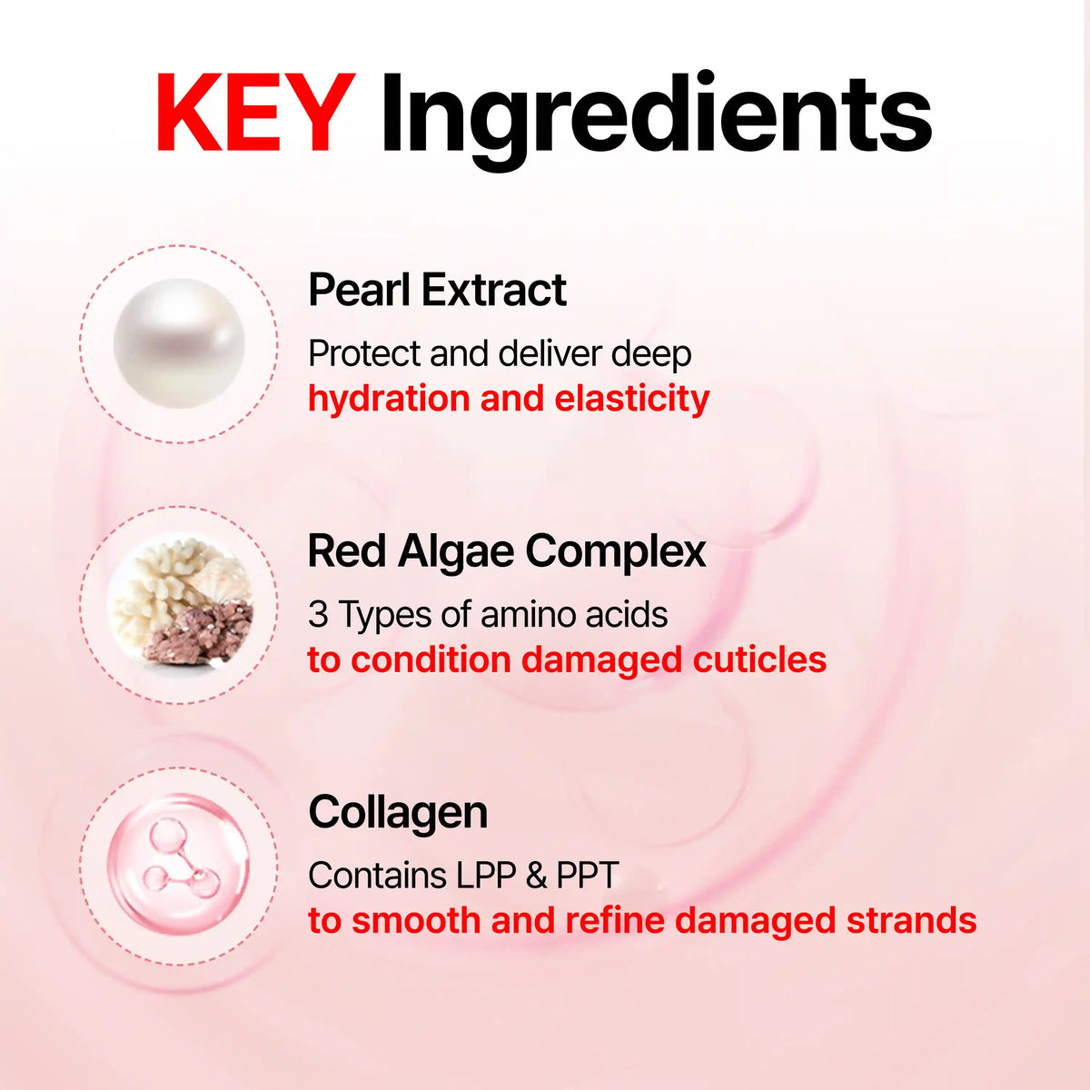 Infográfico do Growus Damage Therapy Shampoo EX com os ingredientes-chave: extrato de pérola, Red Algae Complex e colagénio