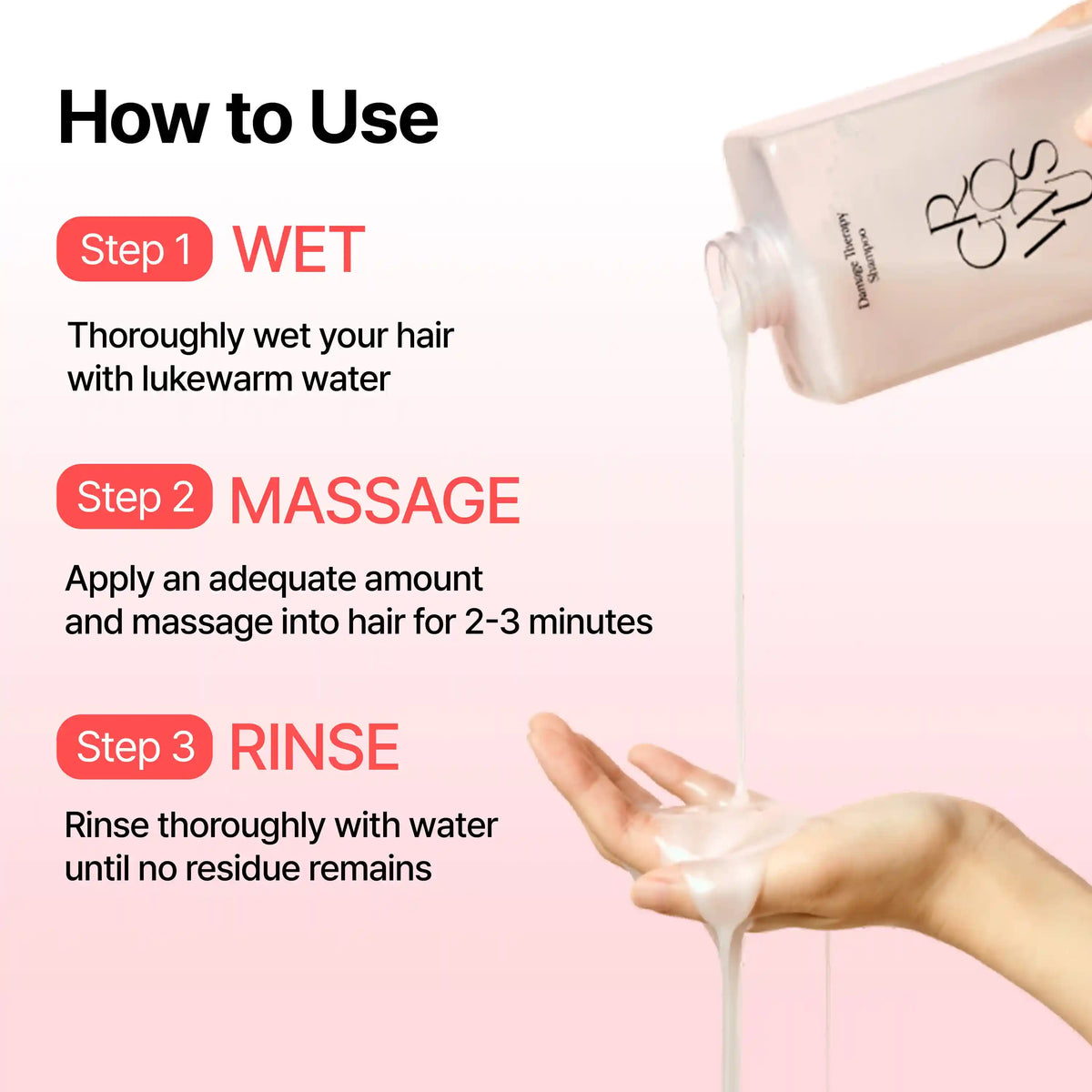 Growus Damage Therapy Shampoo EX, infográfico com os passos de aplicação: molhar, massajar e enxaguar
