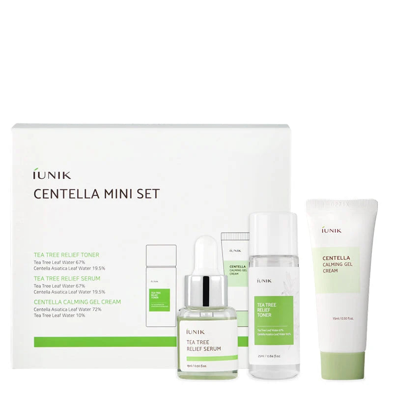 Caixa do IUNIK Centella Mini Set com tónico, sérum e creme gel de centella asiática