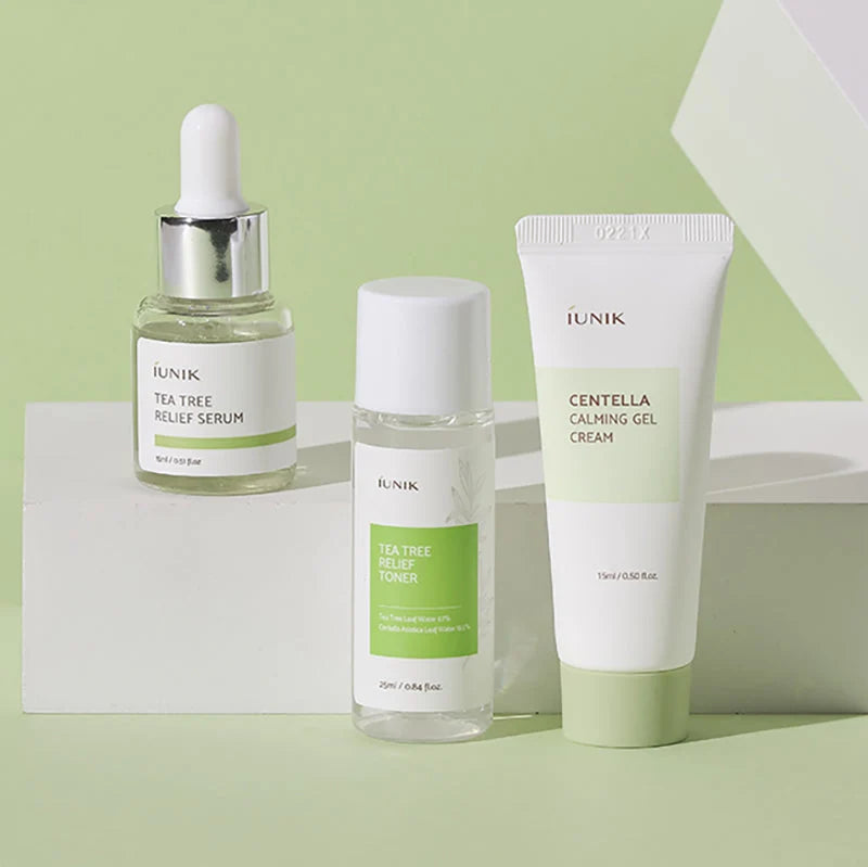 IUNIK Centella Mini Set: sérum, tónico e creme gel de centella asiática lado a lado
