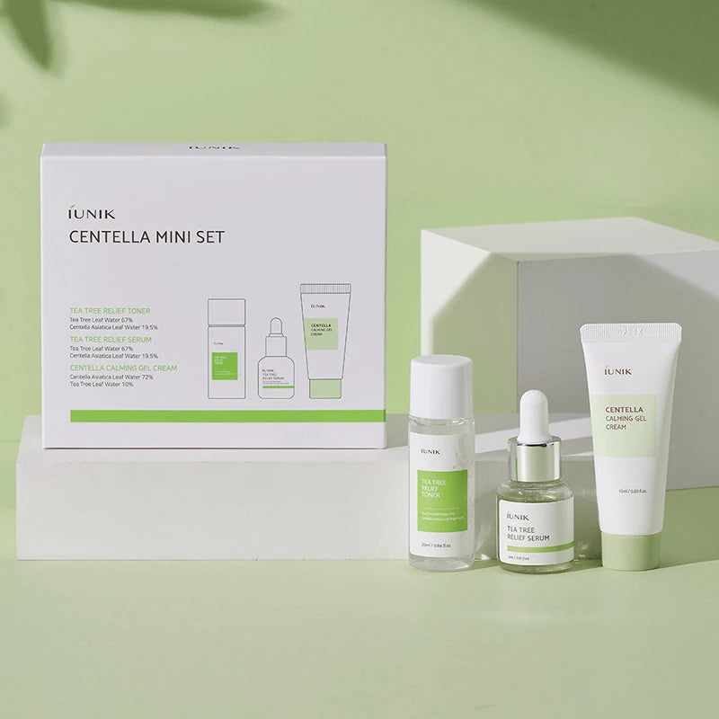Caixa e produtos do IUNIK Centella Mini Set, kit de viagem com centella asiática