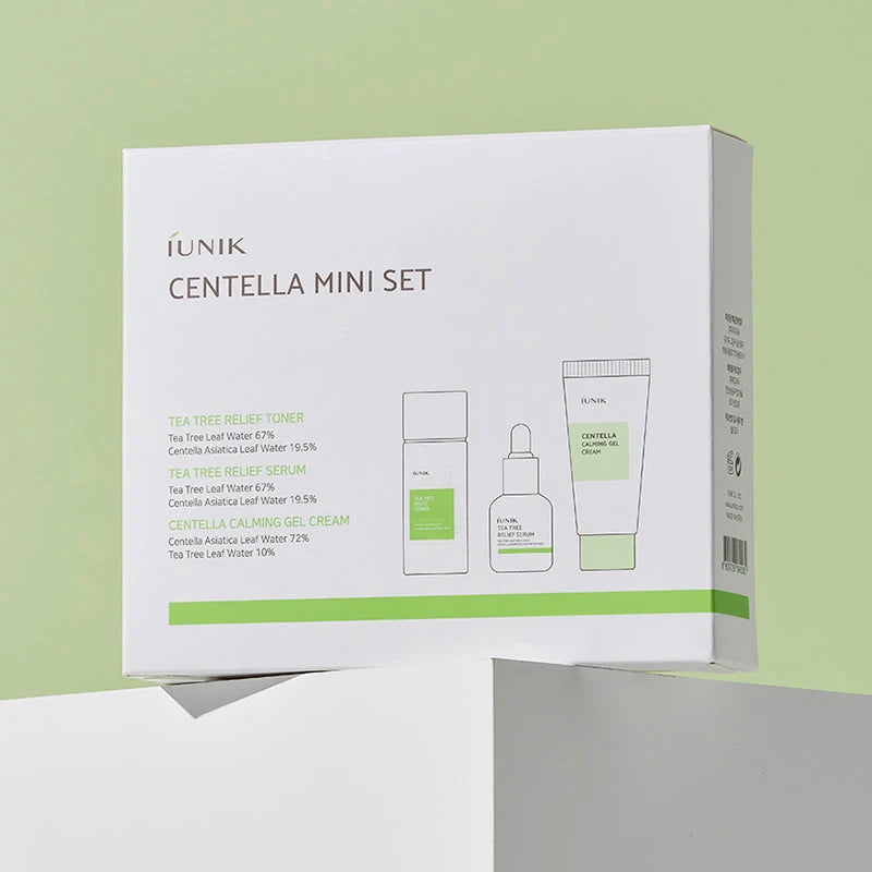Verso da caixa do IUNIK Centella Mini Set com lista de ingredientes de cada produto
