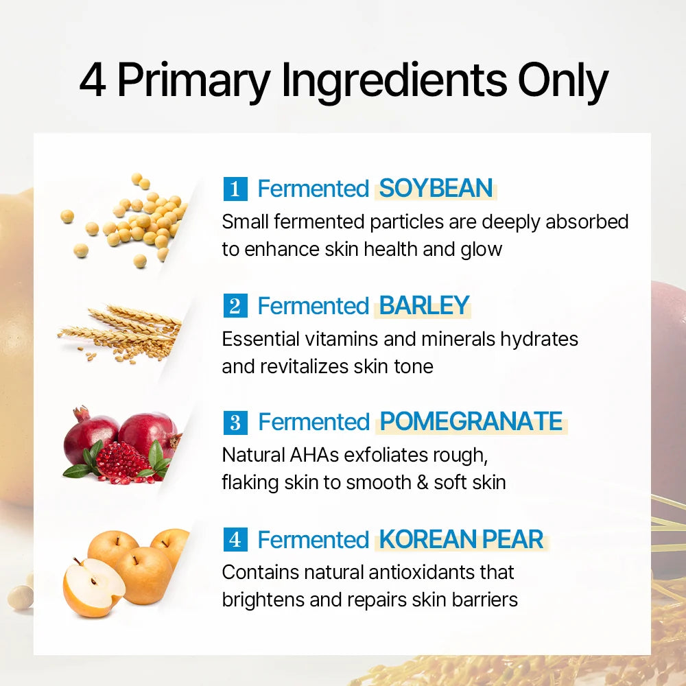Infográfico com os 4 ingredientes fermentados da mixsoon Bean Essence