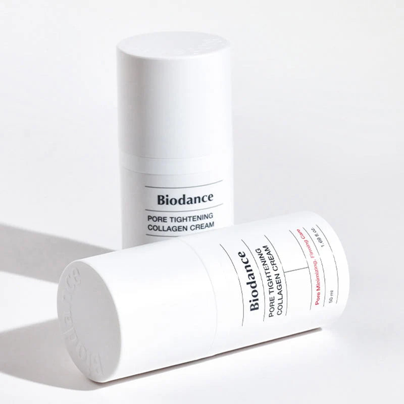 Frascos Biodance Pore Tightening Collagen Cream, de pé e deitado, com sombra