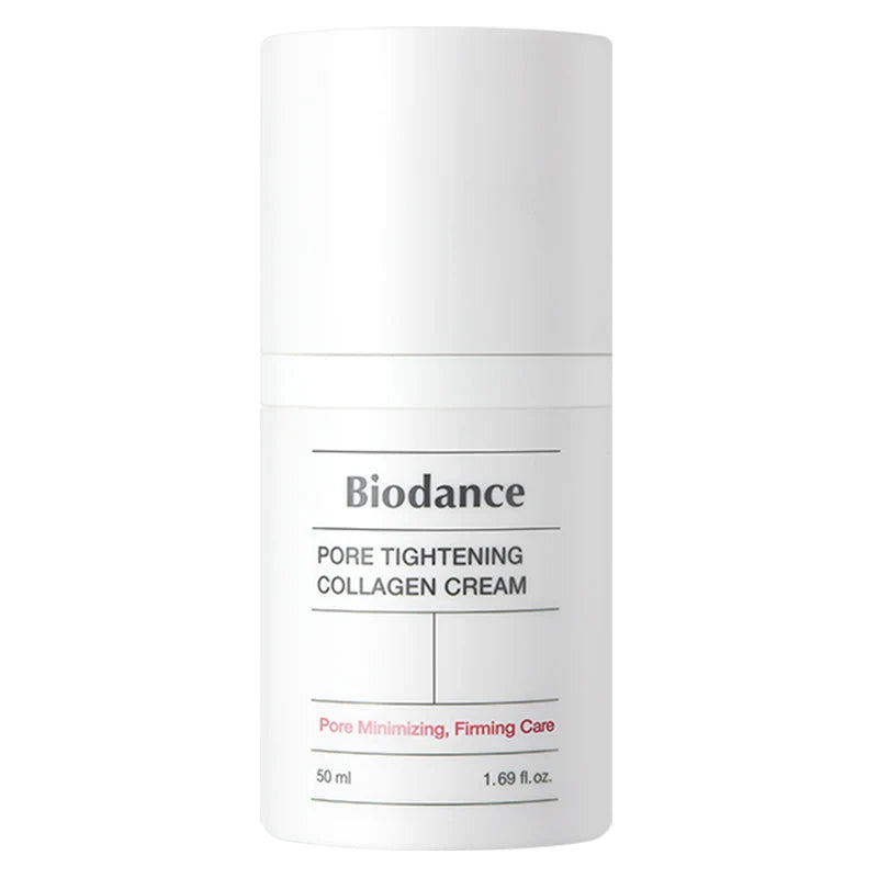 Frasco Biodance Pore Tightening Collagen Cream em fundo branco, embalagem completa
