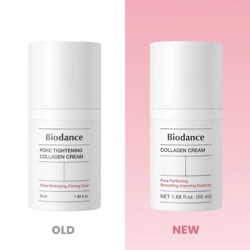 Infográfico Biodance: comparação entre a embalagem anterior e a atual do Pore Tightening Collagen Cream