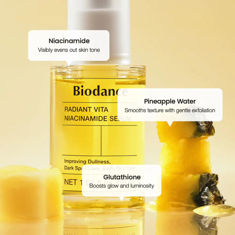 Biodance Radiant Vita Niacinamide Serum ingredientes principais: niacinamida, água de ananás e glutationa