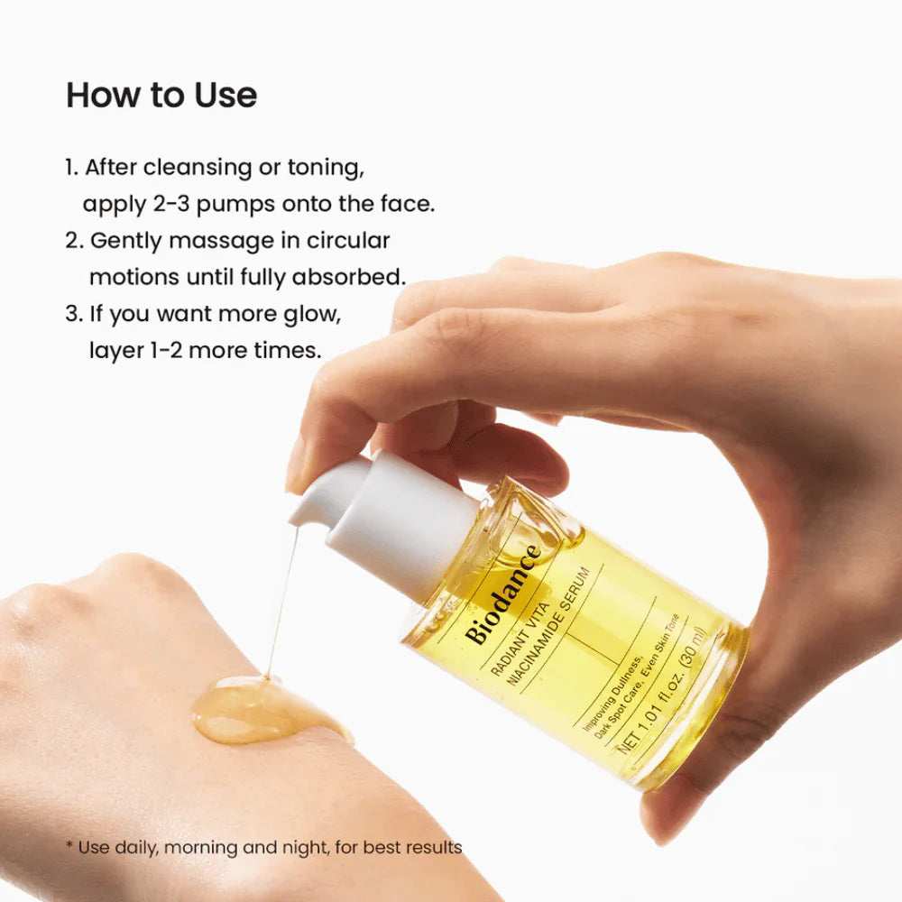 Modo de uso Biodance Radiant Vita Niacinamide Serum: 2-3 bombas, massagem circular, pode aplicar em camadas