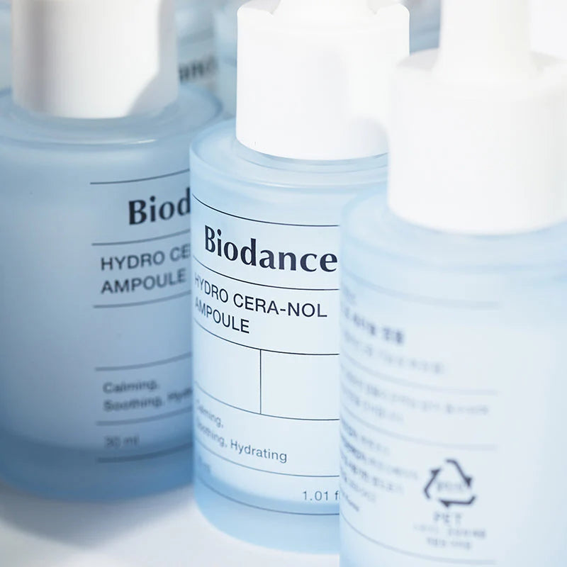 Biodance Hydro Cera-Nol Ampoule – três frascos em perspetiva, frente e verso da embalagem