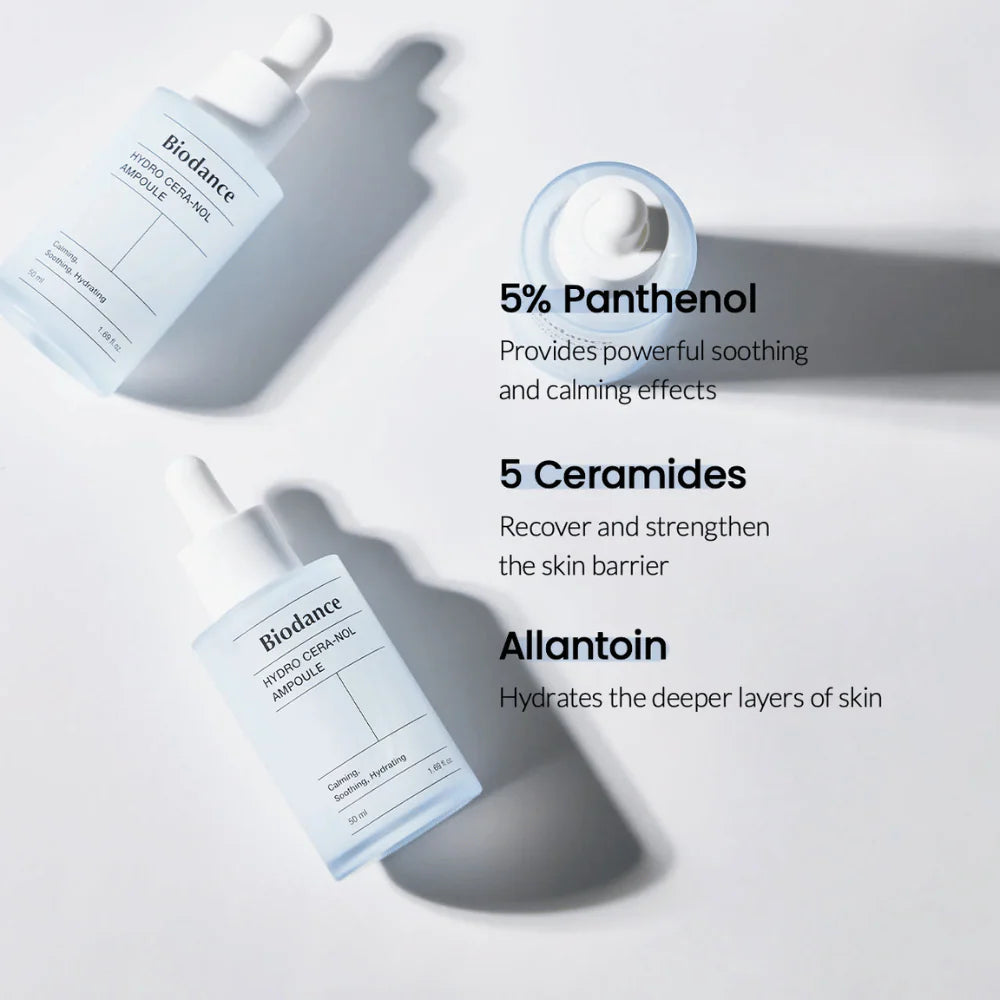 Infográfico Biodance Hydro Cera-Nol Ampoule – 5% Pantenol, 5 Ceramidas, Alantoína e respetivos benefícios