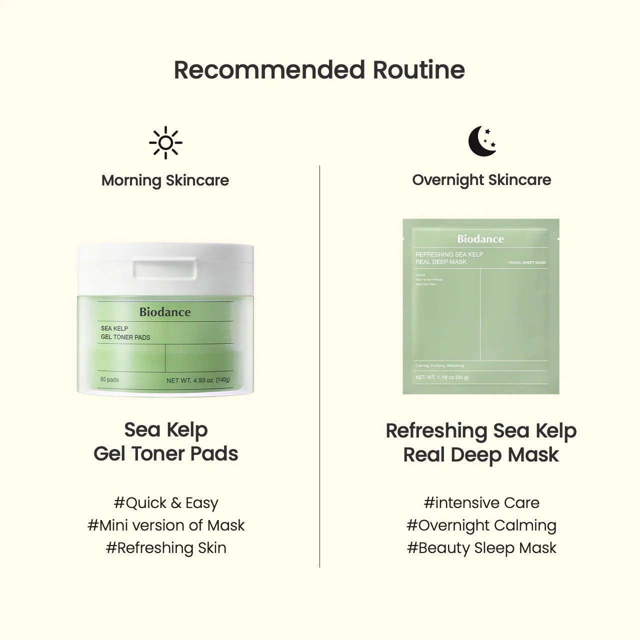 Biodance Sea Kelp Gel Toner Pads rotina recomendada uso diurno combinado com máscara Sea Kelp noturna