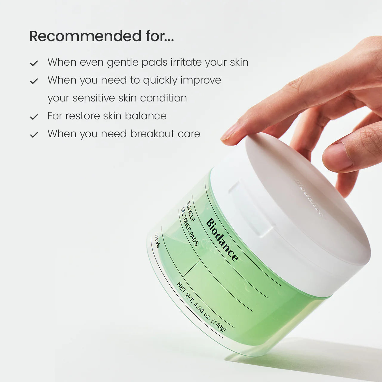 Biodance Sea Kelp Gel Toner Pads embalagem inclinada indicações pele sensível reativa e com tendência a irregularidades