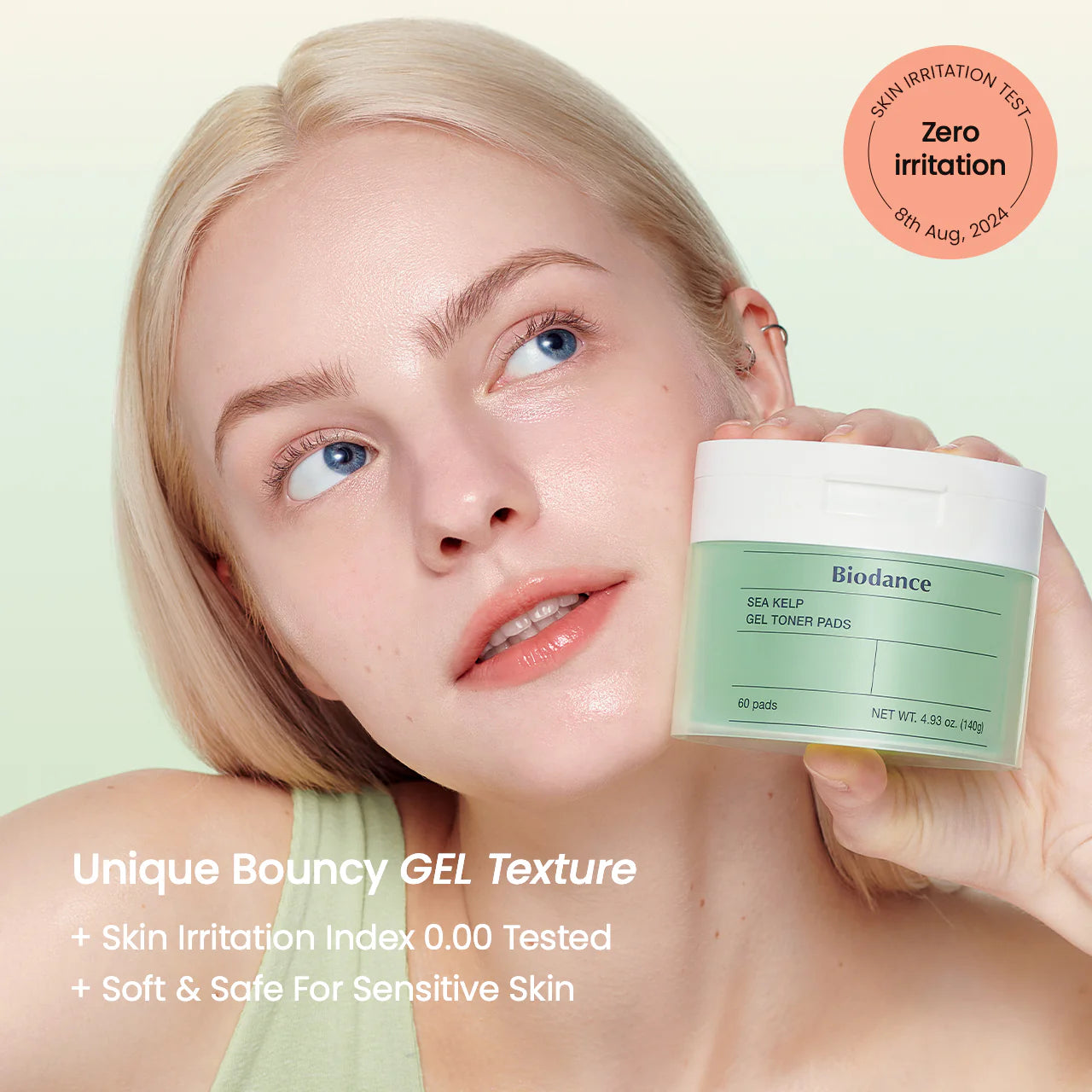 Biodance Sea Kelp Gel Toner Pads modelo a segurar embalagem índice de irritação cutânea 0,00 pele sensível