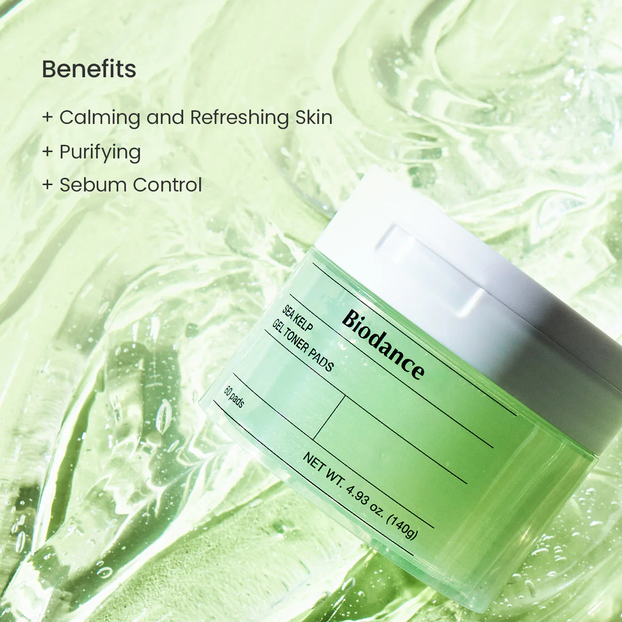 Biodance Sea Kelp Gel Toner Pads infográfico benefícios ação calmante purificante e controlo de sebo