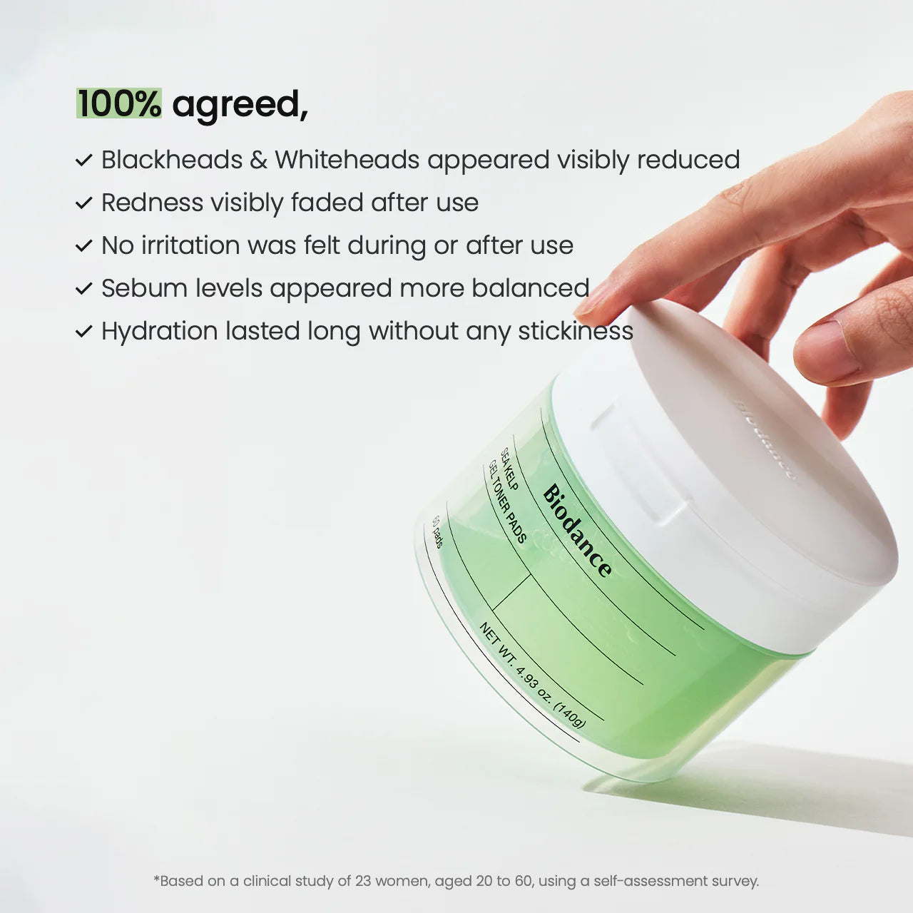Biodance Sea Kelp Gel Toner Pads resultados clínicos 100% concordaram sem irritação sebo equilibrado