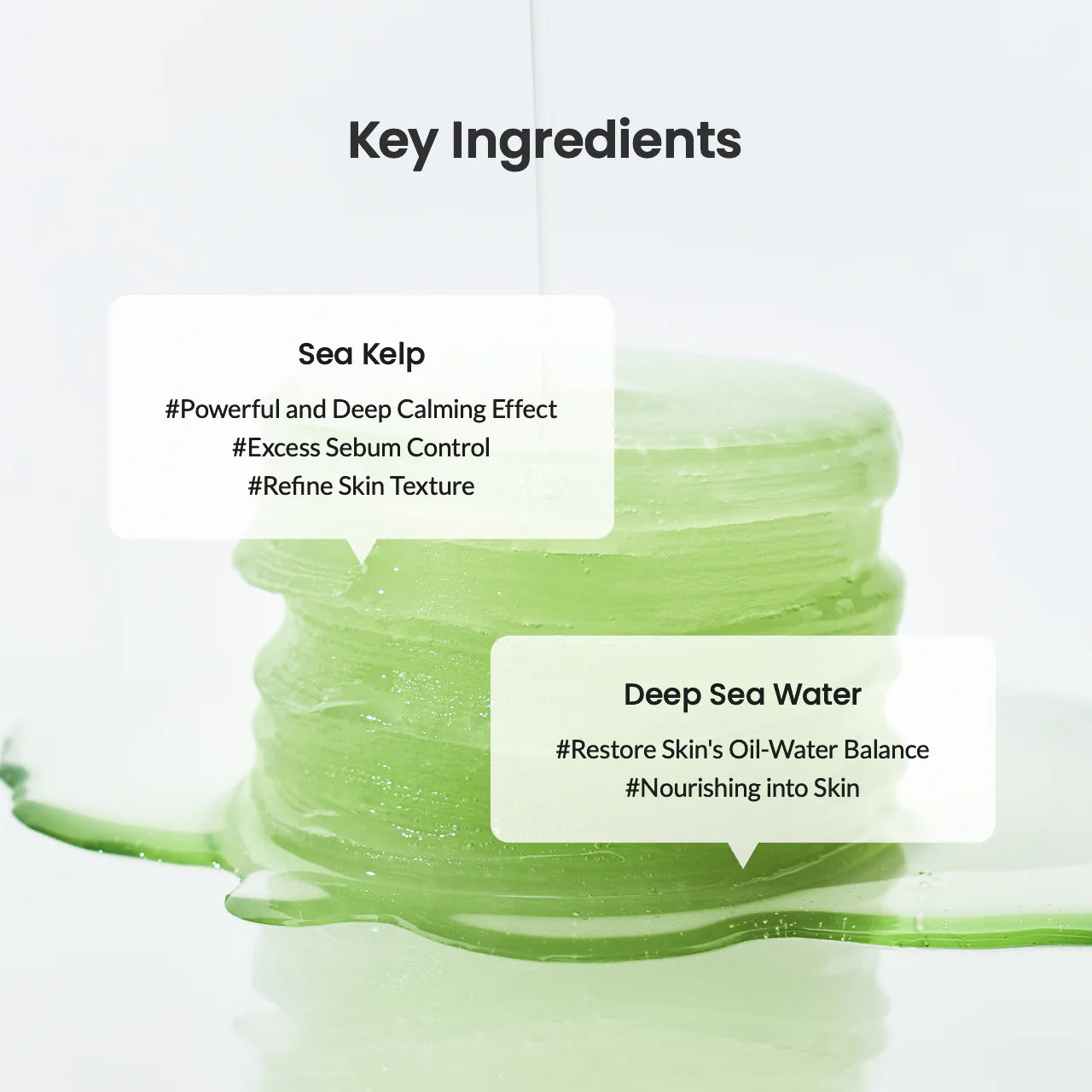 Biodance Sea Kelp Gel Toner Pads ingredientes principais algas marinhas e água do mar profunda infográfico