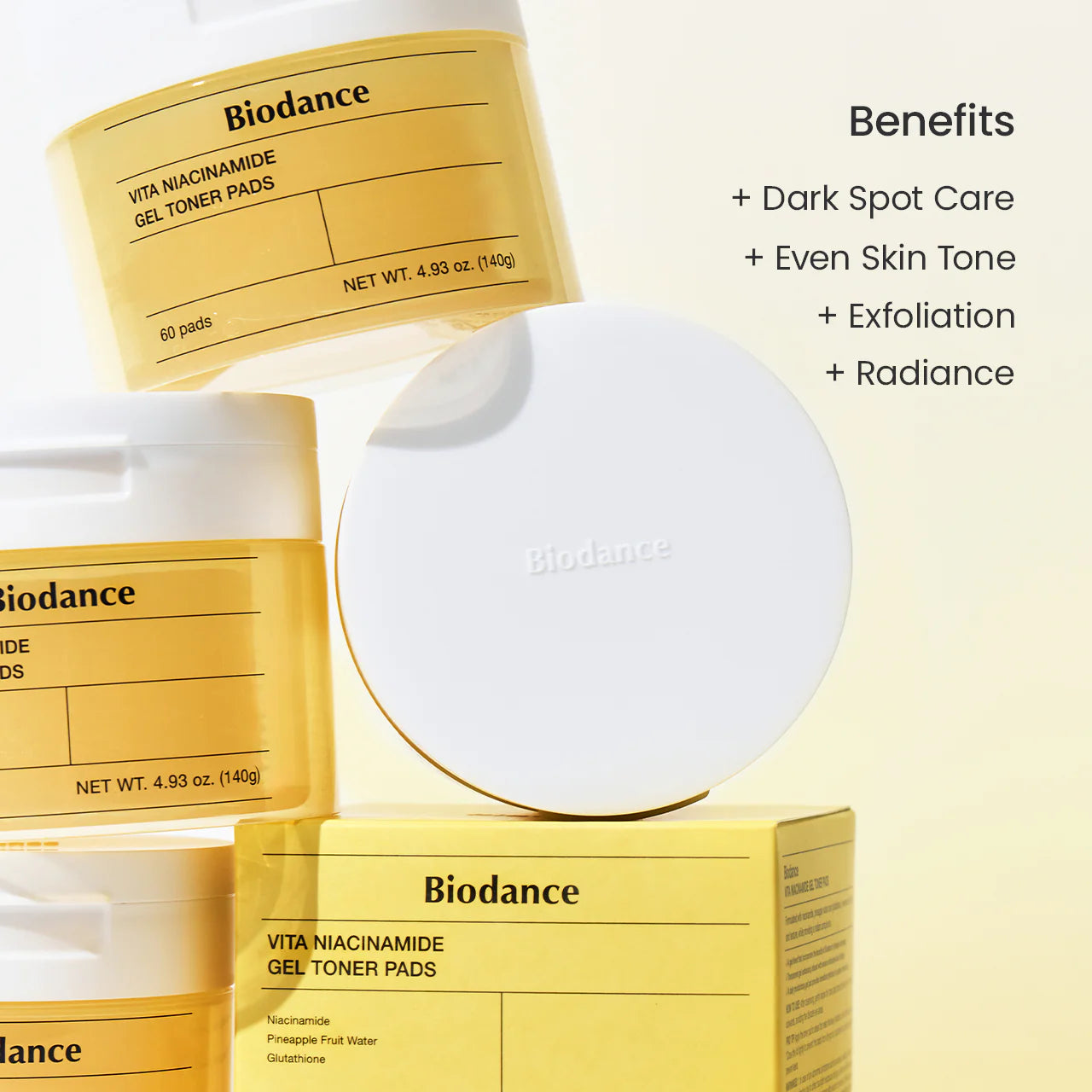 Boião, tampa e caixa da embalagem Biodance Vita Niacinamide Gel Toner Pads
