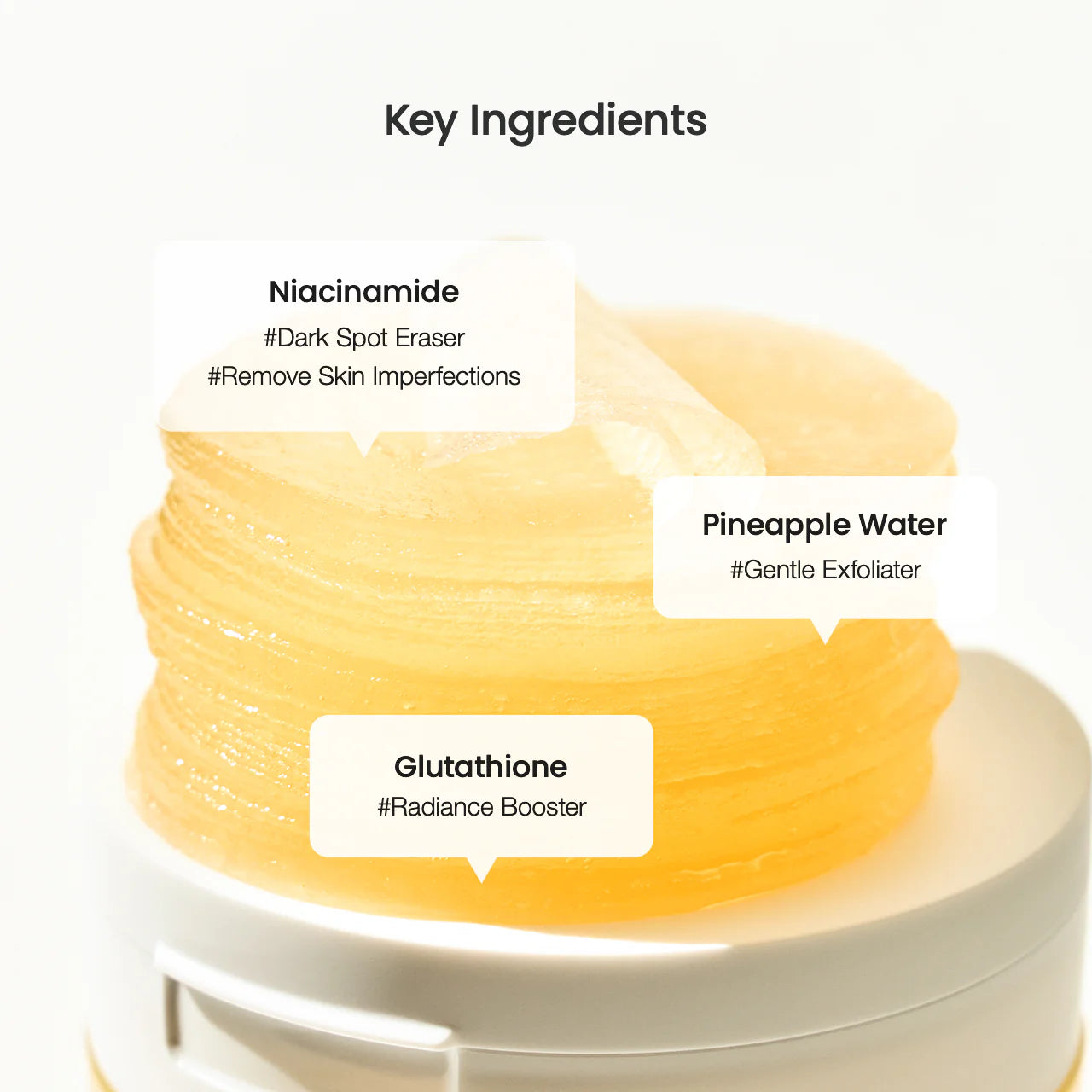Pilha de discos de gel Biodance sobre o boião, com ingredientes em destaque
