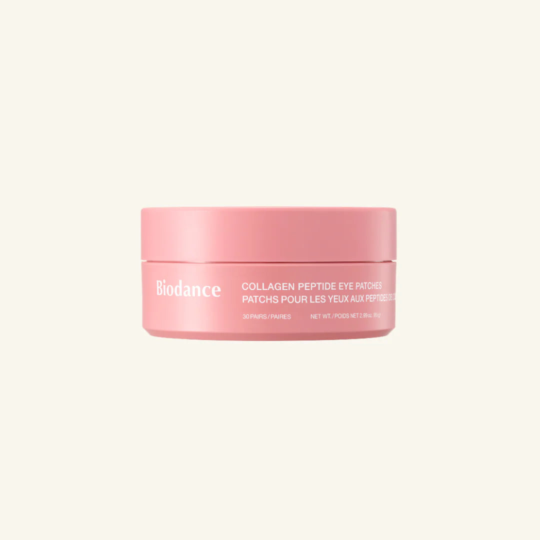 Frasco rosa da Biodance Collagen Peptide Eye Patches, embalagem com 30 pares