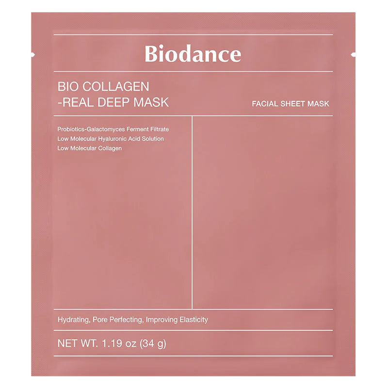 Frente da embalagem da Biodance Bio-Collagen Real Deep Mask, com lista de ingredientes