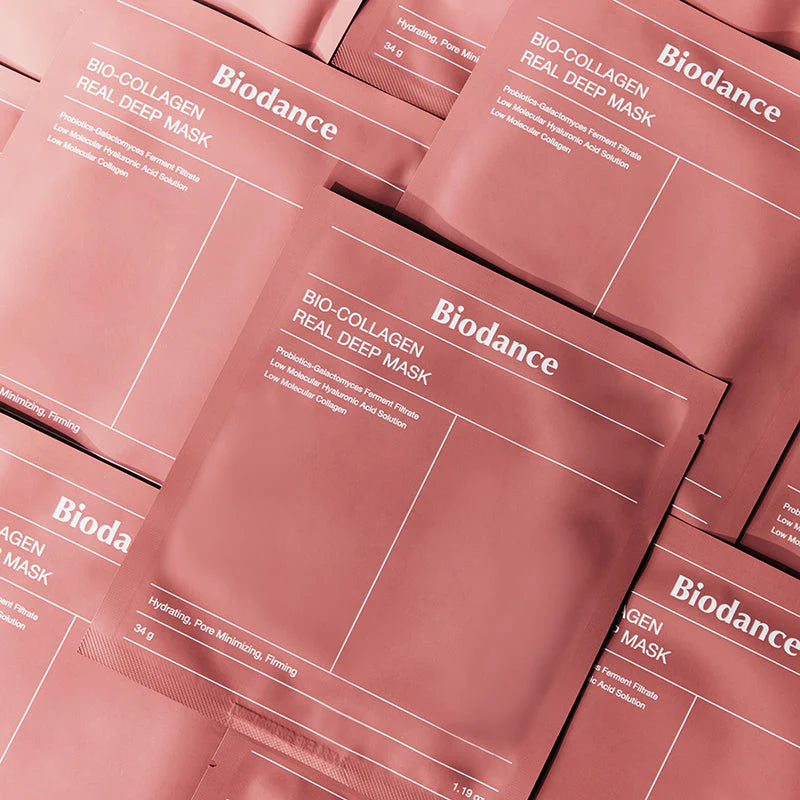 Várias embalagens da Biodance Bio-Collagen Real Deep Mask dispostas lado a lado