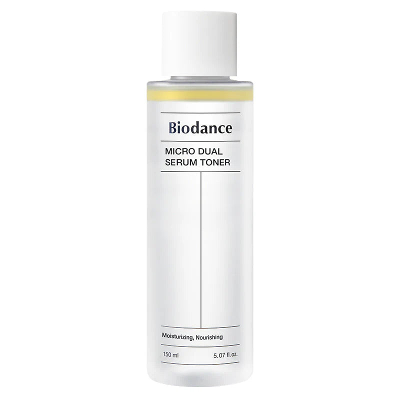 Frasco do Biodance Micro Dual Serum Toner em fundo branco, vista frontal