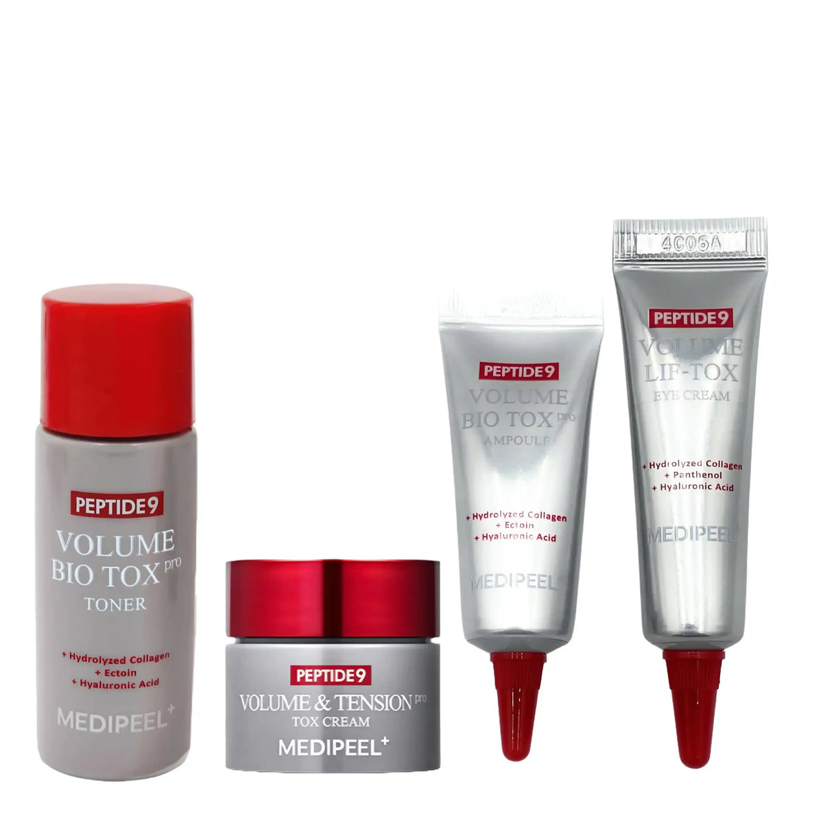 Quatro produtos sobre fundo branco, com os ingredientes destacados nos rótulos e ponteiras vermelhas nos tubos
