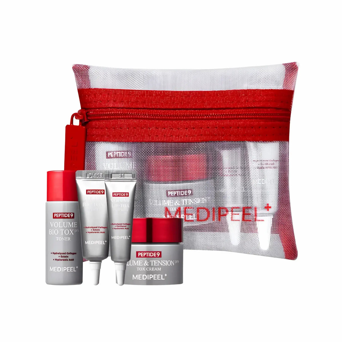 Bolsa de rede transparente com fecho vermelho e, à frente, tónico, creme e dois tubos do kit
