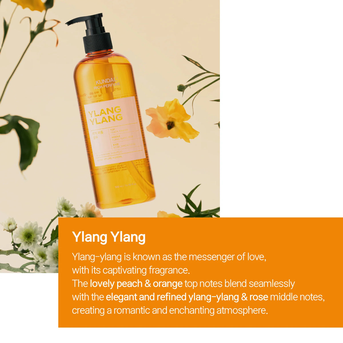 Frasco laranja de champô Ylang Ylang rodeado de flores amarelas e brancas sobre fundo creme