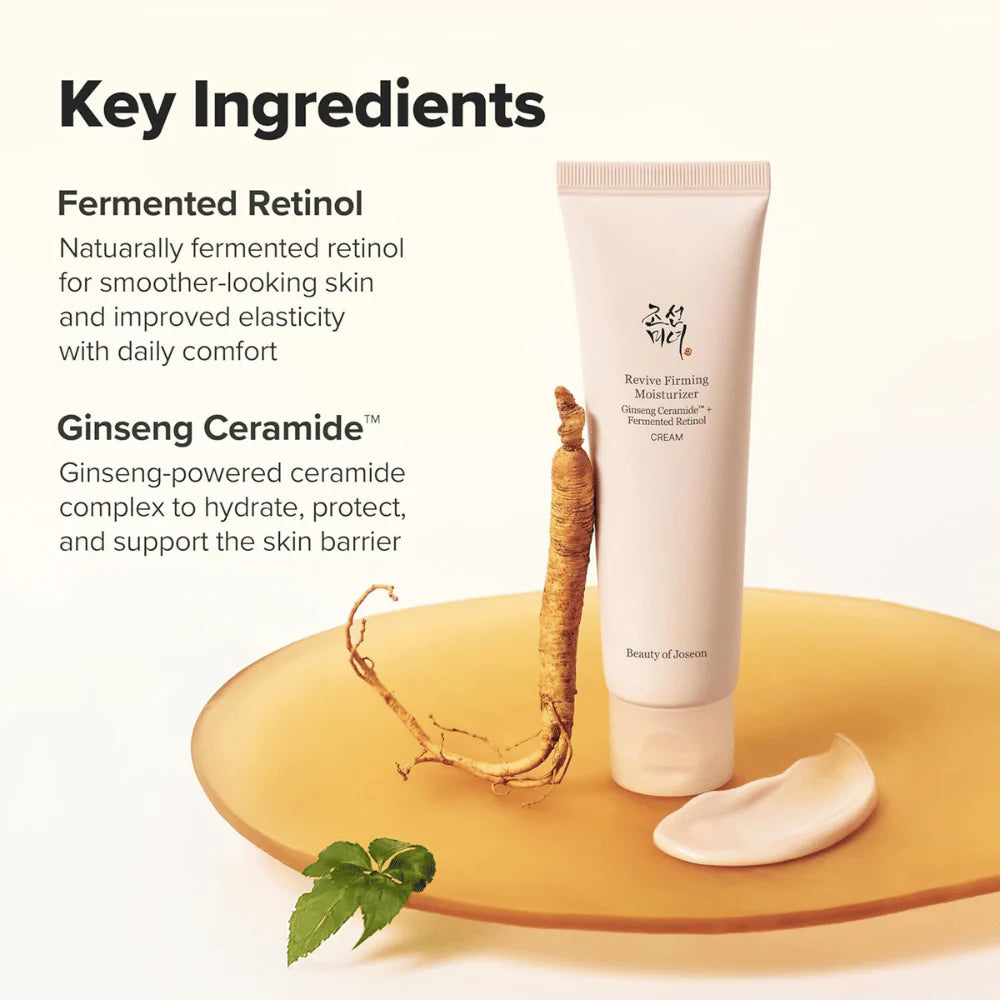 Ingredientes Revive Firming Moisturizer: retinol fermentado para elasticidade e Ginseng Ceramide para barreira cutânea