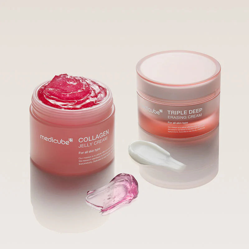 Medicube Collagen Jelly Cream junto ao Triple Deep Erasing Cream, com amostras de textura