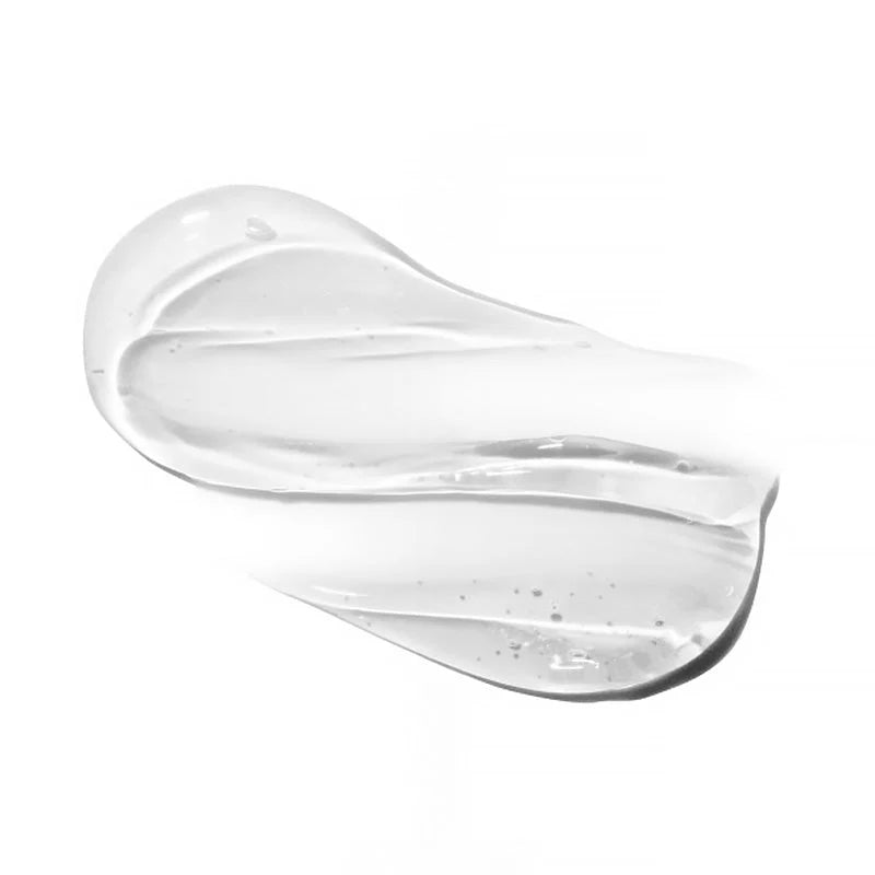 Textura do sérum em gel transparente e fluido, em amostra sobre fundo branco