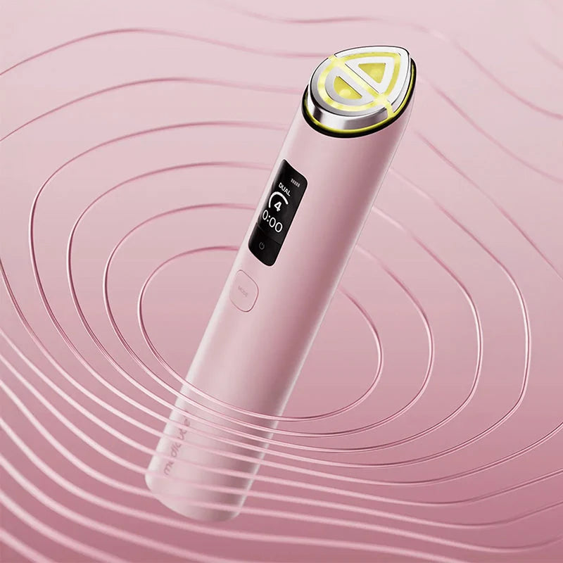 Dispositivo rosa em Modo Dual com luz LED amarela, sobre fundo rosa com ondas concêntricas