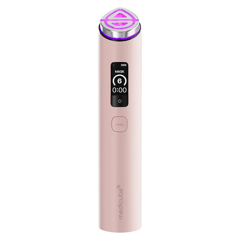 Booster Pro X2 rosa visto de frente, com o ecrã a mostrar o Modo Máscara no nível 6 e luz LED roxa