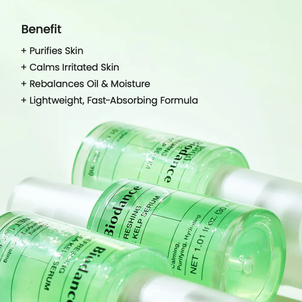 Biodance Sea Kelp Sérum – infográfico de benefícios: purifica, acalma, reequilibra oleosidade, absorção rápida