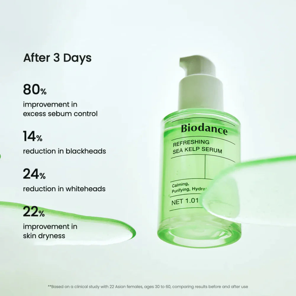 Biodance Sea Kelp Sérum – resultados clínicos após 3 dias: 80% controlo de sebo, 14% redução de poros