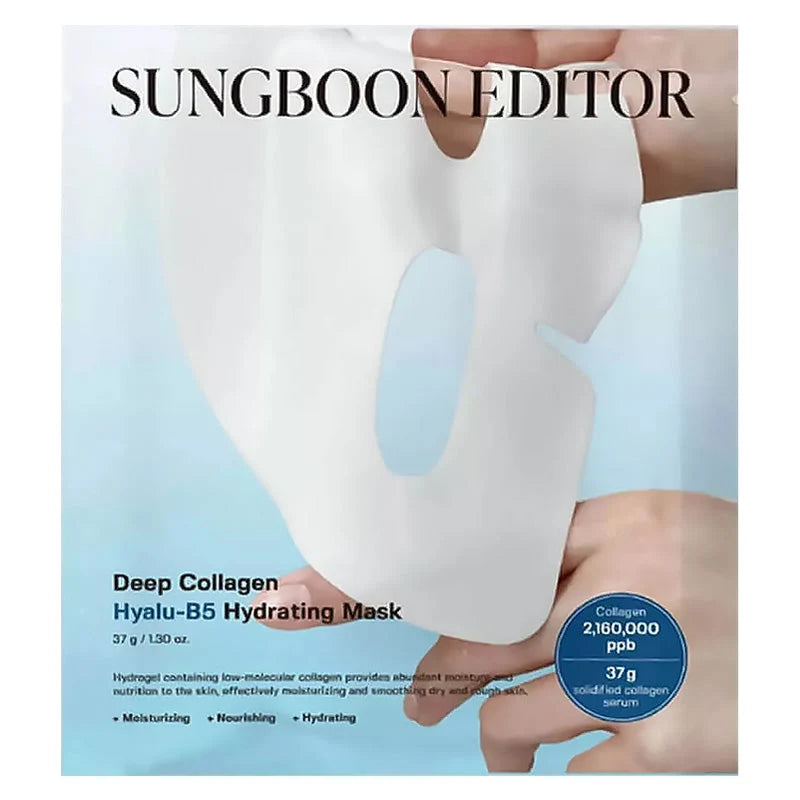 Embalagem da SUNGBOON EDITOR Deep Collagen Hyalu-B5 Hydrating Mask 37 g, com colagénio a 2.160.000 ppb