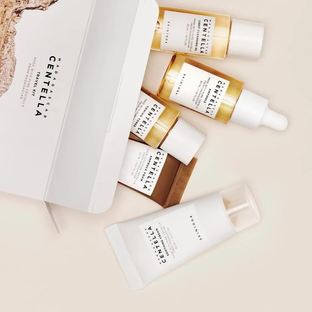 Kit de viagem Madagascar Centella com frascos de sérum, toner e espuma de limpeza — coleção kits de viagem